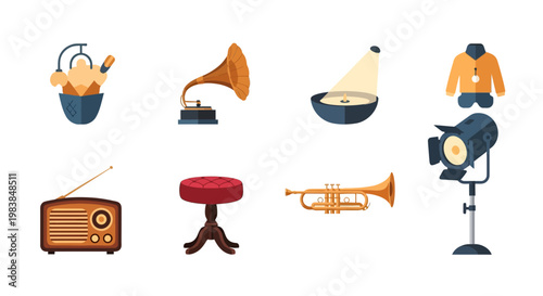 Vintage Music and Radio Equipment Set with Instruments and Microphone