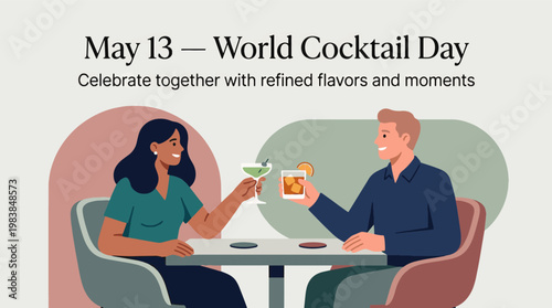 An illustration of a man and a woman toasting with cocktails to celebrate World Cocktail Day on May 13.