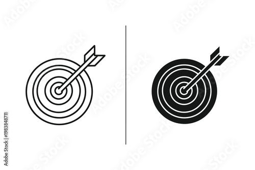 Target with arrow in the center, set against white background, flat design vector illustration