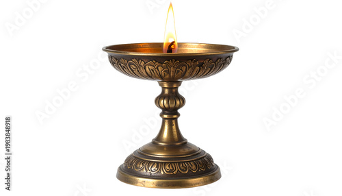 Antique Brass Oil Lamp Lit With Flame Isolated Golden Design