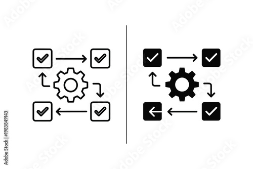Process flow diagram with gear and checkmarks, illustrating workflow and task management in flat design vector illustration