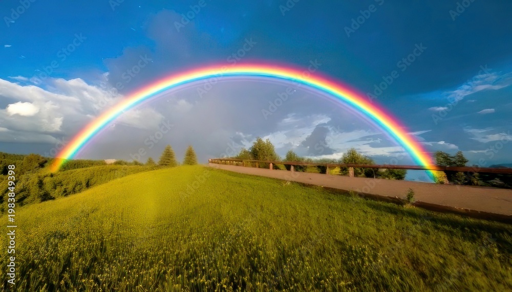 Fototapeta premium Vibrant Rainbow Arches Over Lush Green Landscape Under Cloudy Sky.