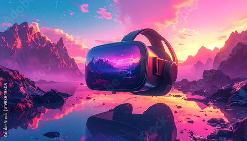 VR headset floating in surreal neon landscape