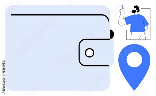 Financial technology, geolocation services, remote assistance, e-commerce tools, modern payment solutions, virtual transactions. A wallet icon with a geolocation marker and a support ative. Financial