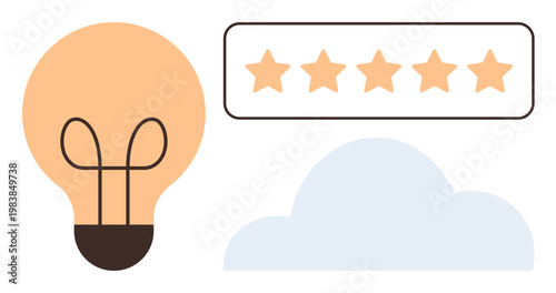 Innovation, online reviews, creativity, cloud services, ideas, customer satisfaction. Minimalist design a light bulb, five-star rating and cloud icon. Innovation and online reviews concept