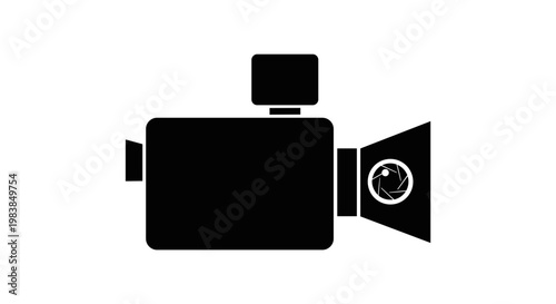 Black silhouette of a vintage video camera icon with lens aperture detail on white background