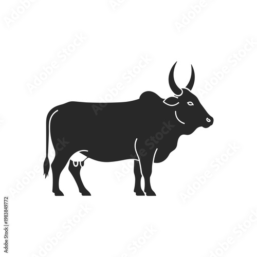Black Silhouette of a Zebu Cow with Horns on White Background