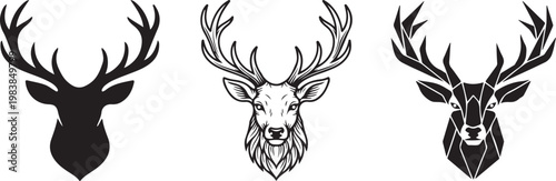 Set of three deer head logo designs featuring an ultra-minimal silhouette, detailed black and white line art, and a modern geometric polygon style