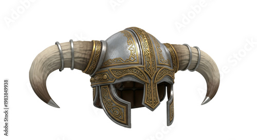 3D Viking Horned Helmet Isolated Gold Silver Fantasy Warrior