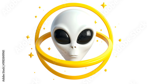 3D White Alien Head with Yellow Rings and Stars Isolated on White