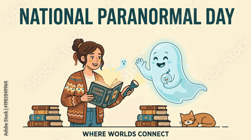 A woman reads a book with a flashlight, encountering a friendly ghost, celebrating National Paranormal Day with books and a cat.