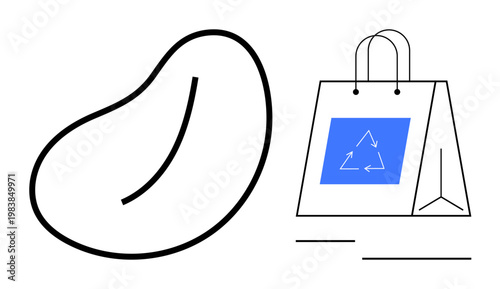 Sustainability, eco-conscious shopping, waste reduction, recycling, reusable products, environmental care. A reusable bag with recycling symbol and a fluid abstract shape. Sustainability