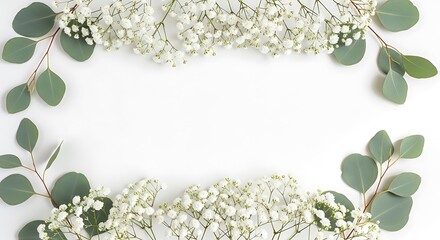 White baby's breath & green eucalyptus frame on white. Perfect for text placement