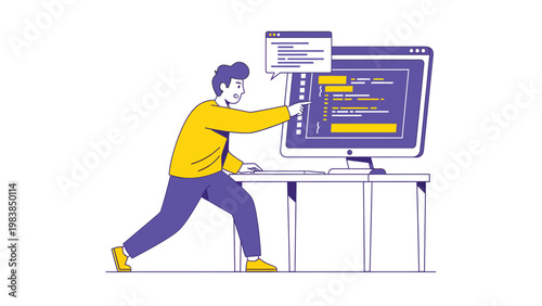 Programmer coding on computer screen, working on web development. Software developer debugging code. Flat vector illustration.