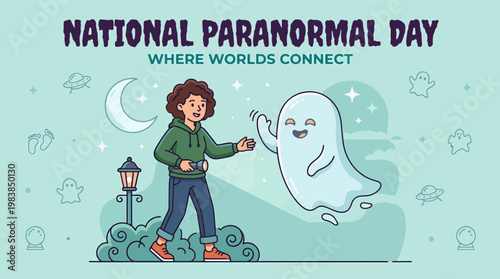 A person with a flashlight encountering a friendly ghost under a crescent moon, celebrating National Paranormal Day.
