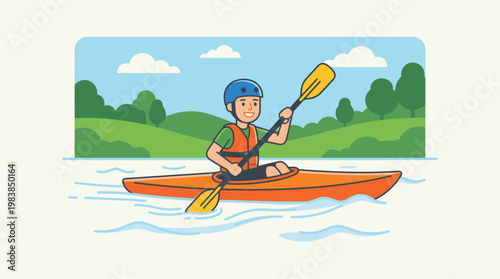 Cartoon Kayaker Water Sport Adventure Character Vector Illustration