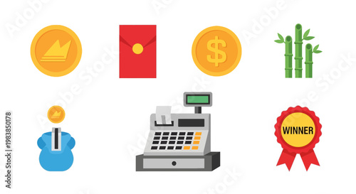 Business and Financial Icons Collection with Cash Register and Winner Badge
