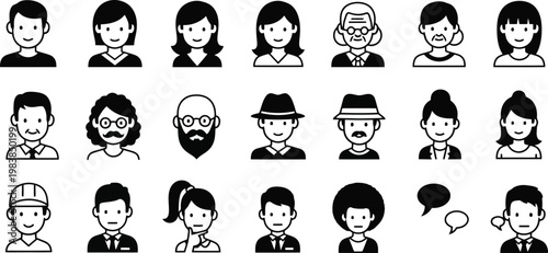 Diverse group of people icons in black and white for communication teamwork and community concepts representing various professions and expressions.