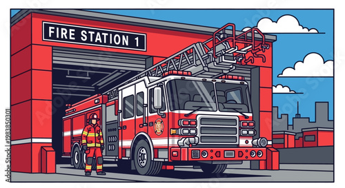 Fire truck parked at station entrance.