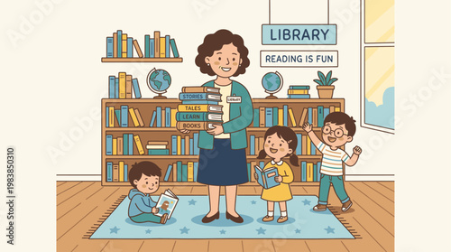 Librarian Teacher Holding Books Flat Style Education Character Vector Illustration