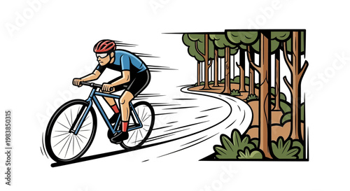 Man Riding Blue Mountain Bike Fast.