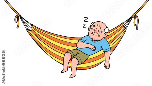 Peaceful senior man taking a nap in a striped hammock, symbolizing rest and relaxation.