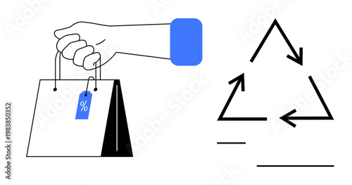 Sustainable shopping, eco-friendly practices, conscious consumerism, waste reduction, recycling, environmental awareness. A hand holding a shopping bag with a discount tag and a recycling symbol
