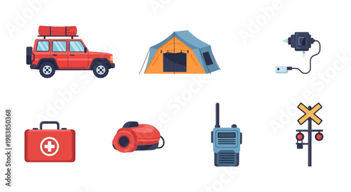 Emergency preparedness kit with rescue vehicle and tent setup