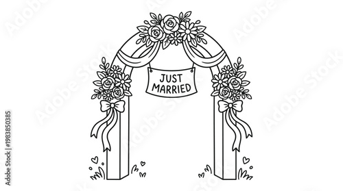 Wedding Arch Black White Line Floral Ribbon Ceremony Vector Illustration