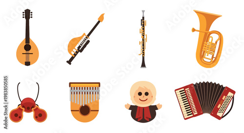 Collection of Musical Instruments and Cartoon Character for Music Theme