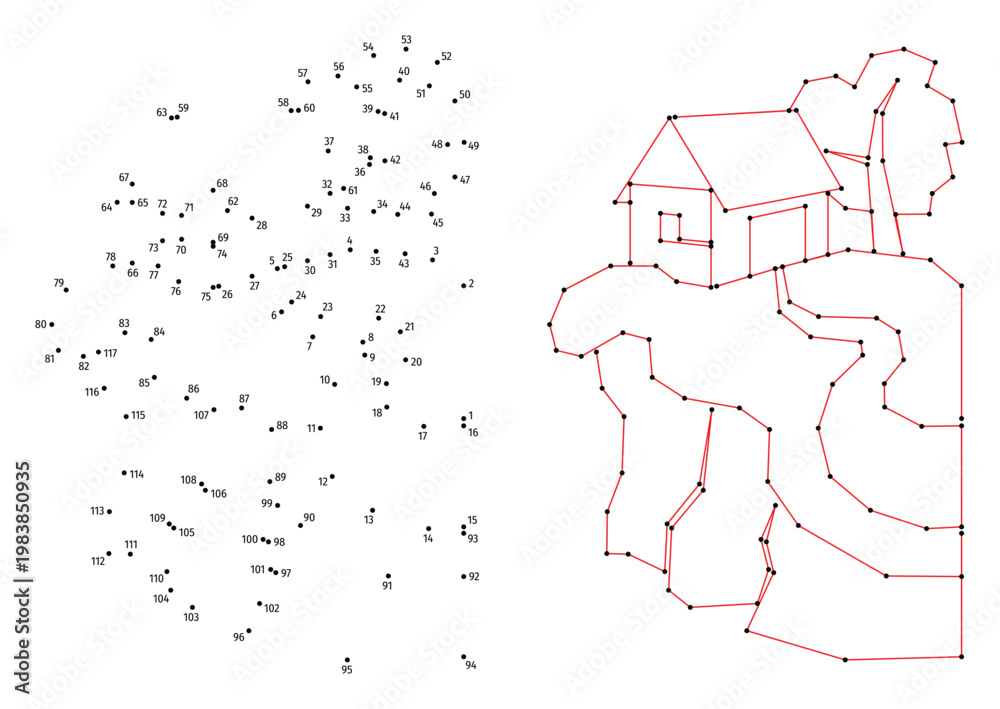 Obraz premium A house on a hill. Connect the dots educational drawing game. Dot to dot by numbers puzzle. Google Font Fira Sans Condensed.