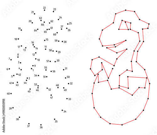 A baby dinosaur has hatched from an egg. Connect the dots educational drawing game. Dot to dot by numbers puzzle. Google Font Fira Sans Condensed.