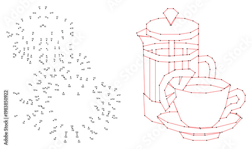 A teapot and a cup with a slice of lemon. Connect the dots educational drawing game. Dot to dot by numbers puzzle. Google Font Fira Sans Condensed.