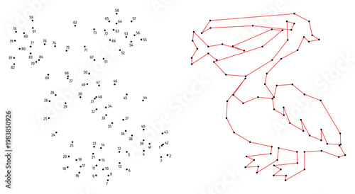 A pelican has caught a fish. Connect the dots educational drawing game. Dot to dot by numbers puzzle. Google Font Fira Sans Condensed.