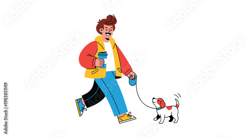 Happy man walking his dog on a leash, holding a coffee cup. Flat vector illustration of a pet owner enjoying a daily stroll.