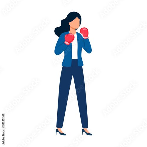 Businesswoman wearing a pair of boxing gloves accepting a business challenge.
