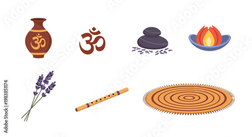 Meditation and Wellness Icons Set with Lavender, Incense, and Sacred Symbols