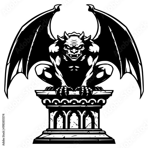 Gargoyle Silhouette: A striking silhouette of a stoic gargoyle, perched atop a detailed pedestal. The image captures the imposing presence and intricate details of the stone figure.