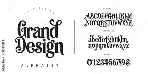 Grand Design elegant decorative display font with vintage curls for luxury wedding invitation and boutique branding logo
