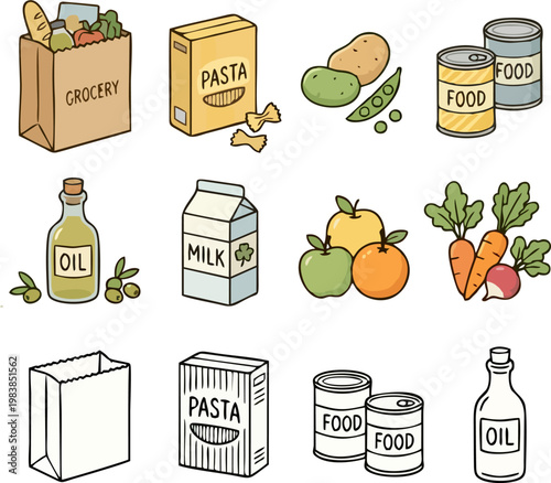 Canvastavla Cute Hand Drawn Grocery Food Icon Set with Color and Outline Versions – Grocery