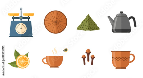 Assorted Tea and Coffee Ingredients with Tea Set and Scale