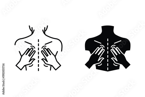 Back Massage and Physiotherapy Line Art and Silhouette Vector Illustration