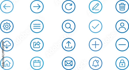 Collection of various blue web interface icons for user interaction and navigation