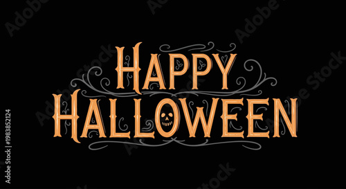 Happy Halloween text with skull and ornate details