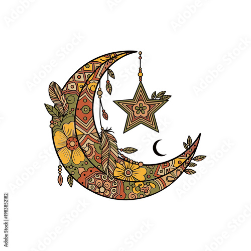 Bohemian Crescent Moon with Star Ornament, Ethnic Patterns, Celestial Dreamcatcher