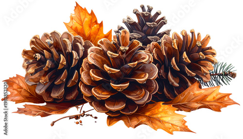 Autumn Pine Cones and Fall Leaves Isolated Transparent PNG