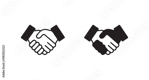 Handshake icon variations showing agreement through outline and solid fill vector styles.