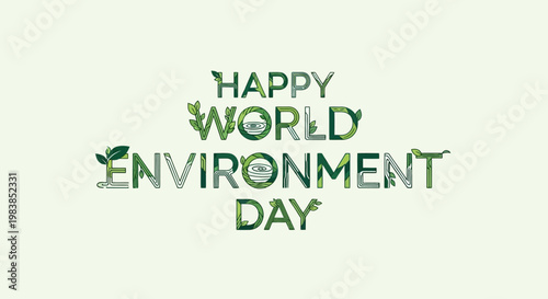 Happy World Environment Day green typography graphic with leaves
