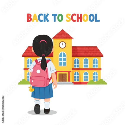 Back To School Girl With Pink Backpack Arrives Yellow School Building