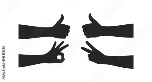 Set of four hand silhouettes showing thumbs up okay sign and victory gesture on white.